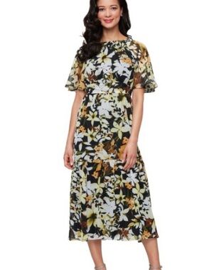 SLNY Black Floral Midi Dress with Yellow & Cream Blooms